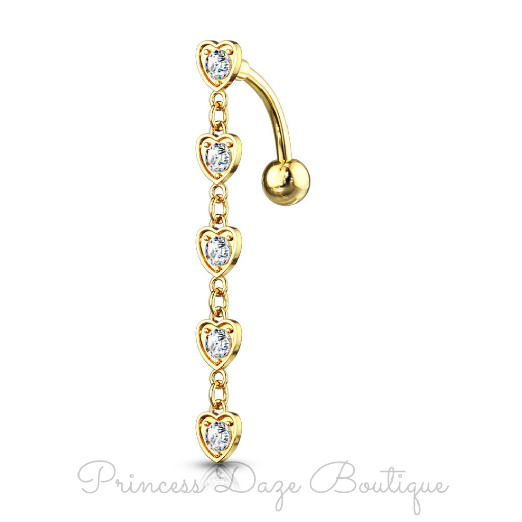 Gold Diamond Heart Dangle Belly Button Ring